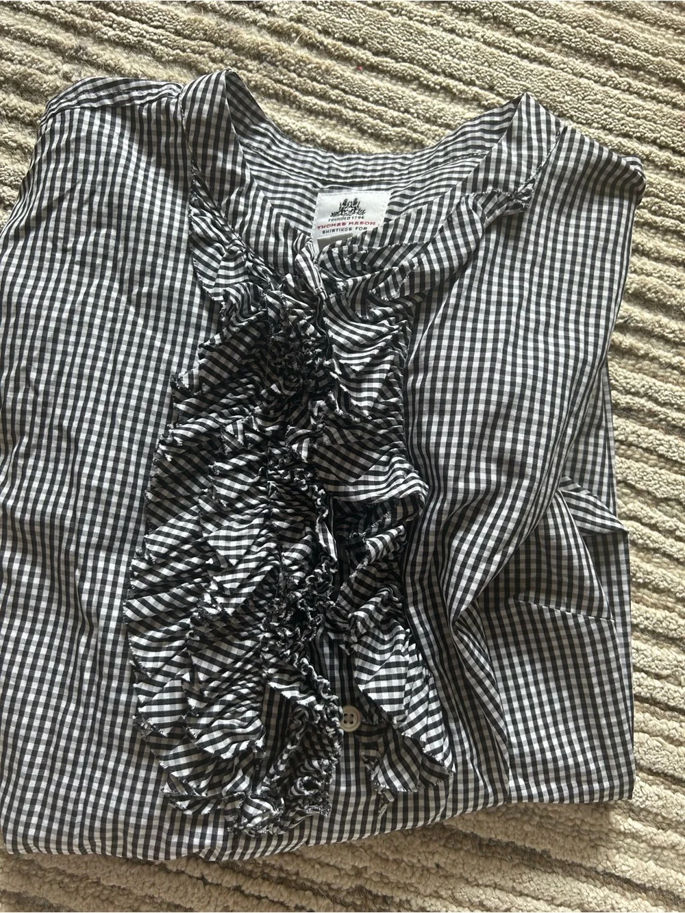 J. Crew Thomas Mason Black and White Gingham Ruffle-Front Blouse